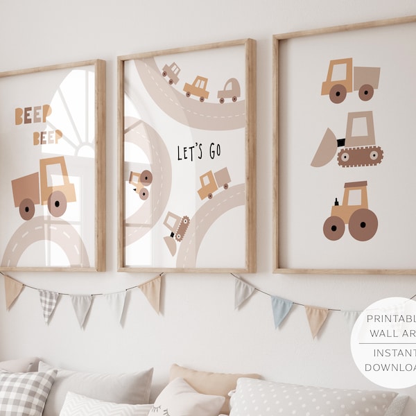 BOHO Cars Printable Wall Art, Nursery Art, Set of 3, Transport, Cars, Truck, Tractor, Boys Nursery Decor, Playroom Prints, INSTANT DOWNLOAD