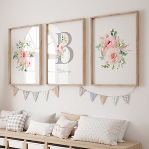 Floral Ash Lettera personalizzata con nome stampabile per ragazze Wall Art SET di TRE / Stampa di nascita / Significato del nome / Download digitale