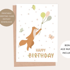 PRINTABLE Happy Birthday Card, Fox Birthday Card, Butterfly Birthday ...
