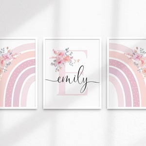 Soft Blush Floral Rainbow Personalised Letter Name Printable Girls Wall Art SET of THREE Birth Print Name Meaning Digital Download image 8