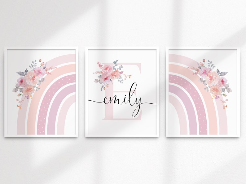 Soft Blush Floral Rainbow Personalised Letter Name Printable Girls Wall Art SET of THREE Birth Print Name Meaning Digital Download image 8