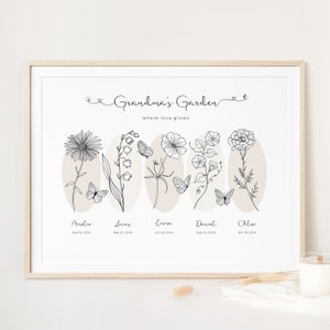 Personalised Birth Month Flower Printable Wall Art | Grandma&#39;s Garden | Modern Family Name Print | Family Flower Garden | Digital Download