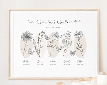 Personalised Birth Month Flower Printable Wall Art | Grandma's Garden | Modern Family Name Print | Family Flower Garden | Digital Download