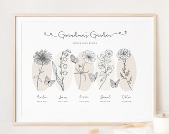 Personalised Birth Month Flower Printable Wall Art | Grandma's Garden | Modern Family Name Print | Family Flower Garden | Digital Download