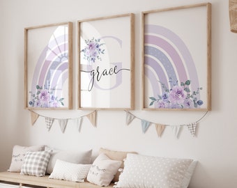 Soft Lilac Floral Rainbow Personalised Letter Name Printable Girls Wall Art SET of THREE | Birth Print | Name Meaning | Digital Download