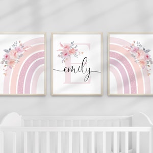 Soft Blush Floral Rainbow Personalised Letter Name Printable Girls Wall Art SET of THREE Birth Print Name Meaning Digital Download image 10