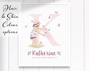Butterfly Girl Standing Personalised Watercolour LETTER Name Birth Stats Printable Custom HAIR skin COLOUR