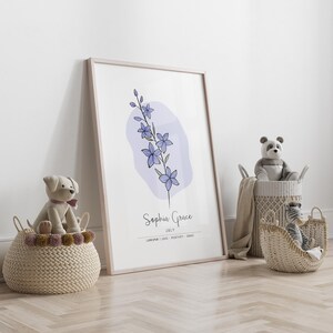 Personalised Birth Month Flower Printable Wall Art, Name Print, Birth Stats Poster | Digital Download image 2