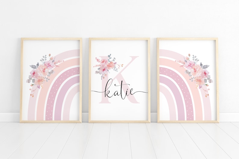 Soft Blush Floral Rainbow Personalised Letter Name Printable Girls Wall Art SET of THREE Birth Print Name Meaning Digital Download image 2