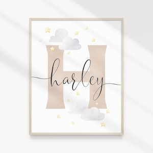 Arte de pared imprimible con nombre y letras en beige personalizado, nubes y estrellas, decoración neutra para guardería, DESCARGA DIGITAL