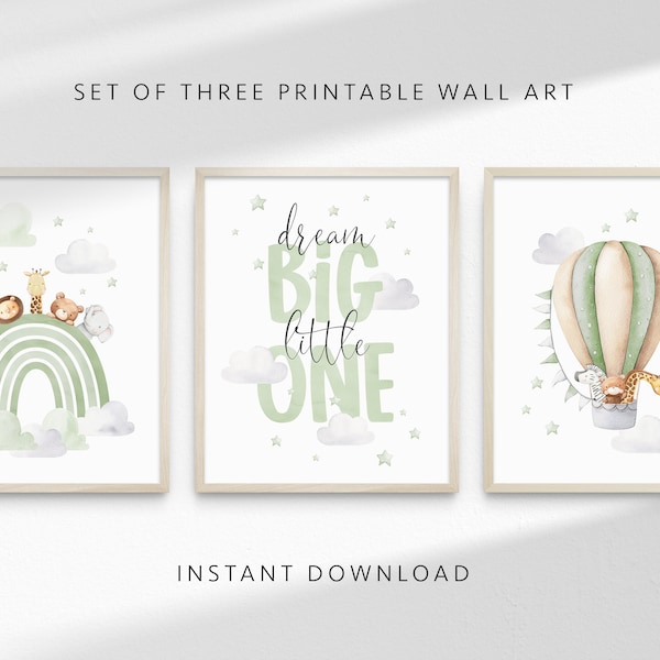 Set of 3 Safari Rainbow Printable Wall Art, Cute Animals Green Hot Air Balloon, Clouds Stars, Kids Room, Playroom Posters, INSTANT DOWNLOAD