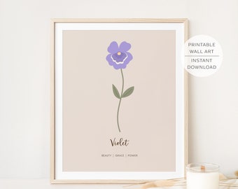 VIOLET February Birth Month Flower Printable Wall Art, Violet Flower meaning, Modern Minimalist Art | INSTANT DOWNLOAD