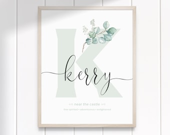 EUCALYPTUS Green Personalised Letter NAME MEANING Printable Wall Art Nursery Room Decor | Birth Print | Birth Details