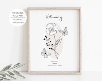 February Birth Flower VIOLET Printable Wall Art | Violet Flower meaning | Modern Minimalist Line Art | Instant Download