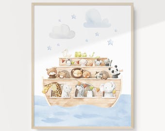 Arche Noah Kunst Druck, Baby Tiere Kinderzimmer Dekor, Blaue Kinderzimmer Wandkunst, Kinderzimmer, Arche Noah Kunstdruck | SOFORTIGER DOWNLOAD