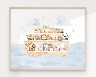 Arche Noah Kunst Druck, Baby Tiere Kinderzimmer Dekor, Blaue Kinderzimmer Wandkunst, Kinderzimmer, Arche Noah Kunstdruck | SOFORTIGER DOWNLOAD