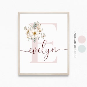 Arte de pared imprimible con letras personalizadas con flores silvestres rústicas, decoración para habitación de niñas, impresión con nombre de niña, impresión inicial, descarga digital
