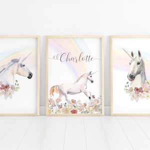 Personalised Rainbow Unicorn Printable Wall Art, Prints, White Unicorn Name Print, Set of 3 Unicorns, Girls Room Decor, DIGITAL DOWNLOAD