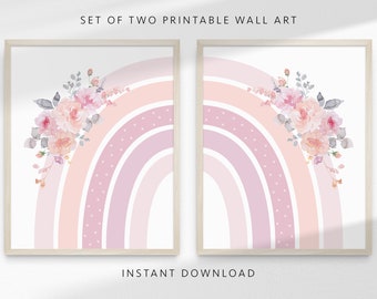 Soft Blush Floral Half Rainbow Printable Wall Art, Set of 2, Boho Nursery Wall Art, Kids Room Decor, Rainbow Print, INSTANT DOWNLOAD