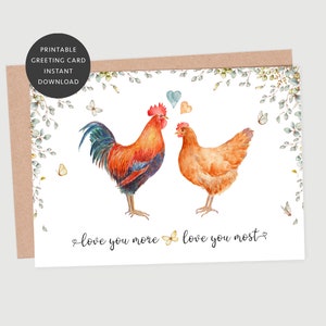 DRUCKBAR Ich liebe dich mehr, liebe dich am meisten Grußkarte, 5 x 7 Karte, Hahn Huhn Paar, Liebesvögel, süße Valentinstagskarte | SOFORTIGER DOWNLOAD