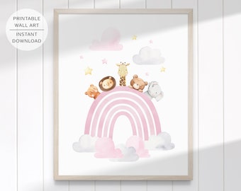 Safari Animals Pink Rainbow Printable Wall Art, Baby Animals Nursery Decor, Pink Nursery Wall Art, Girls Room Art Print | INSTANT DOWNLOAD