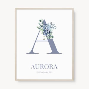 Arte de parede para impressão com nome de letra personalizada FLORAL Sea Life, decoração de quarto de meninas, pôster de nascimento de meninas, impressão de nome significado | Download Digital