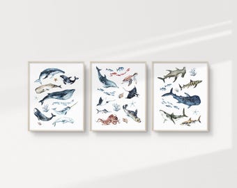 Sea Life Whales Sharks Printable Wall Art Set of 3, Watercolour Ocean Animals, Playroom Prints, Kids Room Art, BSLL23 | INSTANT DOWNLOAD