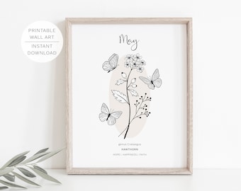 Arte de pared imprimible con la flor de nacimiento de mayo (ESPINO) / Significado de la flor de espino / Arte lineal minimalista moderno / Descarga instantánea