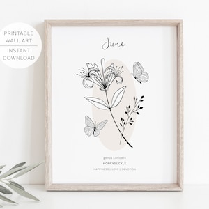 June Birth Flower HONEYSUCKLE Printable Wall Art | Honeysuckle Flower meaning | Modern Minimalist Line Art | Instant Download