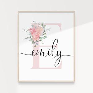 Letra personalizada con nombre y flores de peonía suave para imprimir en la pared, decoración para habitación de niñas, póster de nacimiento, impresión con el significado del nombre SPF23/descarga digital