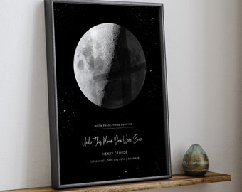 May include: Black and white print of the moon in its third quarter phase. The text "Under this Moon You Were Born" is below the moon image, followed by the name "HENRY GEORGE" and the date "1ST AUGUST, 2010 | 10.45PM | BRISBANE".