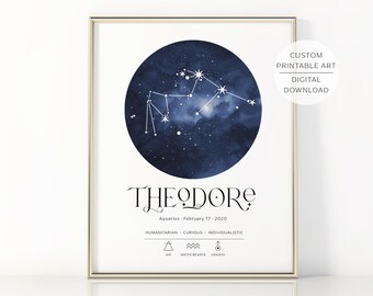 Personalised AQUARIUS Printable Wall Art, Zodiac Star Sign Poster, Astrology Constellation Digital Art