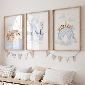 Personalised Noah’s Ark Nursery Printable Wall Art, Set of 3, Safari Animal Nursery Art, Blue Rainbow Nursery, DIGITAL DOWNLOAD