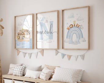 Personalised Noah’s Ark Nursery Printable Wall Art, Set of 3, Safari Animal Nursery Art, Blue Rainbow Nursery, DIGITAL DOWNLOAD