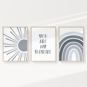 BOHO You Are My Sunshine Printable Wall Art, Nursery Art, Set of 3, Sun Rainbow Print, Grey Nursery Decor, Playroom BHSS3, INSTANT DOWNLOAD