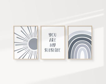 Boho Sun Rainbow Printable Nursery Art: Set of 3 in Grey (Instant Download)