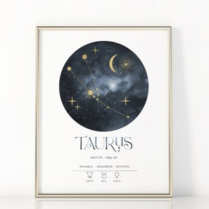TAURUS Printable Wall Art, Zodiac Star Sign Poster, Astrology Constellation Digital Art AZG22 | Instant Download
