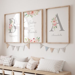 Floral Ash Pink Hermanas o Gemelas Nombre de carta personalizada Imprimible Niñas Arte de pared SET de TRES / Impresión de nacimiento / Descarga digital