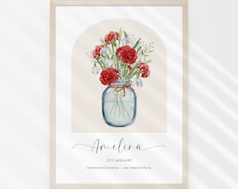 Personalised Birth Month Flower Bouquet Printable Wall Art | Watercolour Name Print | Digital Download