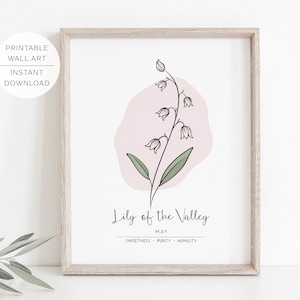LILY of the Valley May Birth Month Flower Printable Wall Art, Modern, Minimalist, Lily Flower meaning | INSTANT DOWNLOAD