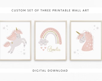 Personalised Girls Printable Wall Art, Set of 3 Unicorn Prints, Boho Rainbow Name Print, DIGITAL DOWNLOAD
