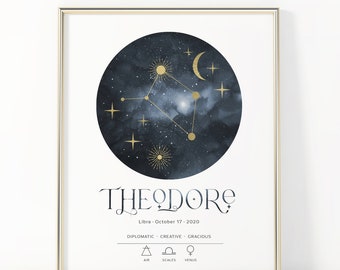 Personalised LIBRA Printable Wall Art, Zodiac Star Sign Poster, Astrology Stars Constellation Custom Name Print | Digital Download