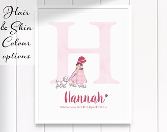 Paris Girl and Poodle Personalised Watercolour LETTER Name Birth Stats Printable Custom HAIR skin COLOUR