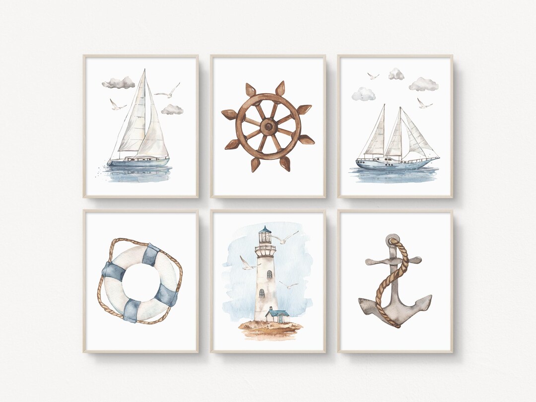 NAUTICAL Watercolour Sailboats Printable Wall Art Set of 6, Lighthouse ...