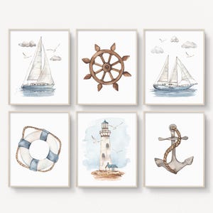 NAUTICAL Watercolour Sailboats Printable Wall Art Set of 6, Lighthouse, Seaside, Boys Nursery Wall Art, Kids Room NME23 | INSTANT DOWNLOAD