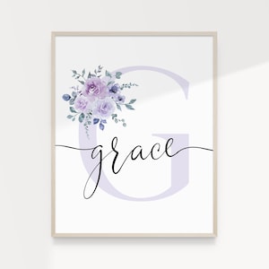 Arte de pared imprimible con letras personalizadas con flores de color lila suave, decoración para habitación de niñas, póster de nacimiento, impresión con significado del nombre SLF23 / Descarga digital