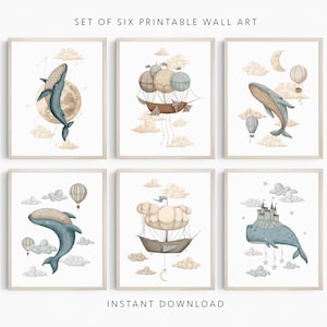 Juego de 6 impresiones de arte mural oceánico, bajo el mar, ballenas en acuarela para guardería, barco, globo aerostático, habitación infantil, sala de juegos, descarga instantánea