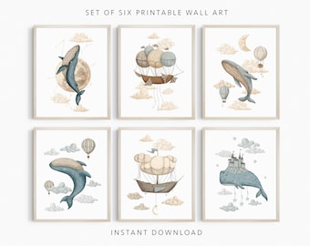Set of 6 Ocean Printable Wall Art, Under the Sea, Watercolour Whales Nursery, Ship, Hot Air Balloon, Kids Room, Playroom, INSTANT DOWNLOAD