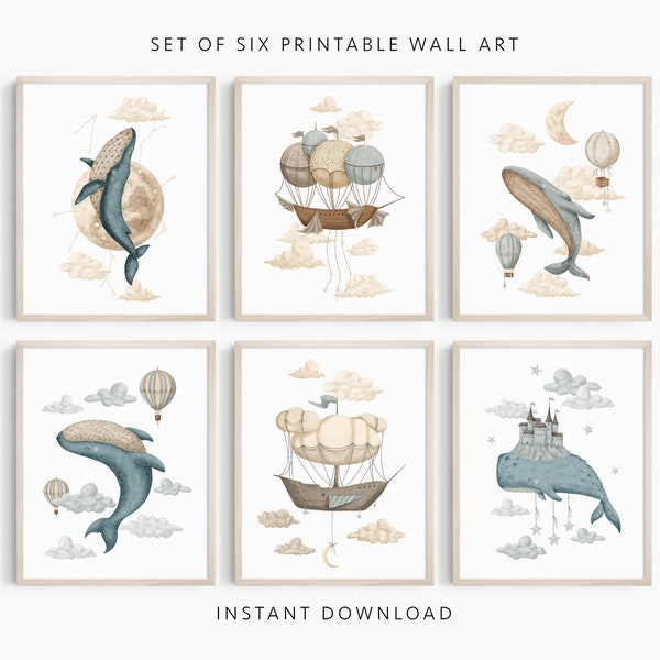 Set of 6 Ocean Printable Wall Art, Under the Sea, Watercolour Whales Nursery, Ship, Hot Air Balloon, Kids Room, Playroom, INSTANT DOWNLOAD