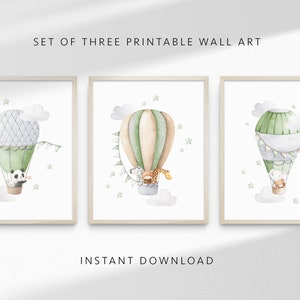 Set of 3 Safari Animals Printable Wall Art, Cute Animals Green Hot Air Balloons, Clouds Stars, Kids Room, Playroom Posters, INSTANT DOWNLOAD